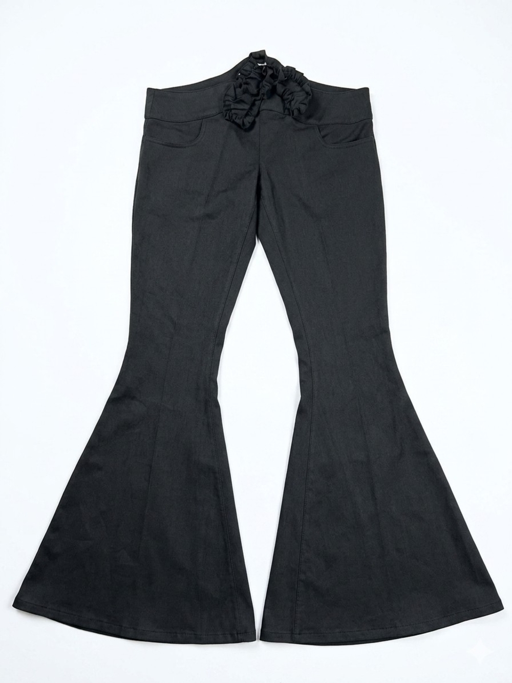 Black High-Waist Flare Pants with Ruching Detail